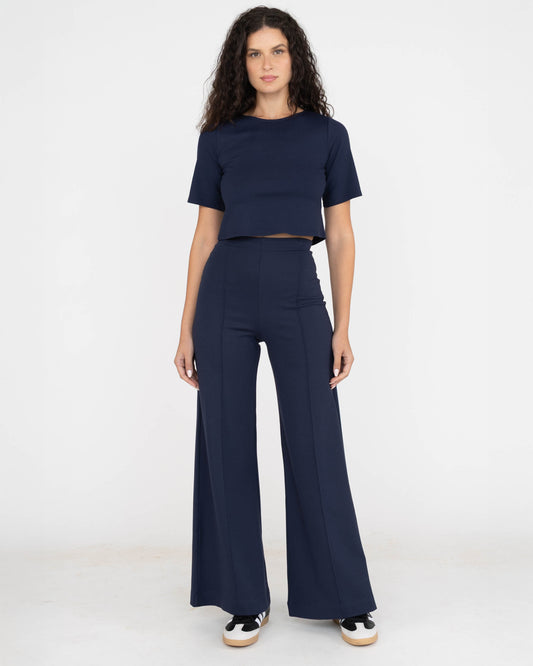 Navy Ponte Knit Standard Wide Leg Pant