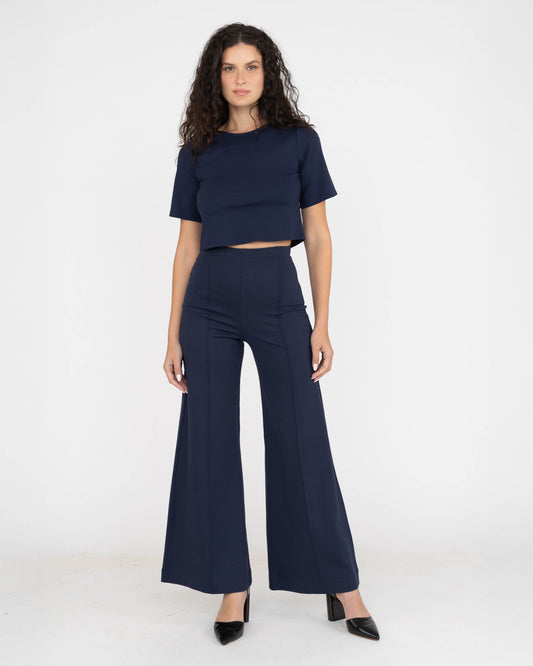 Navy Ponte Knit Standard Wide Leg Pant