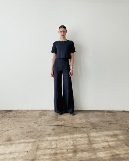 Navy Ponte Knit Long Wide Leg Pant