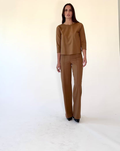 Camel Ponte Knit 3/4 Sleeve Top