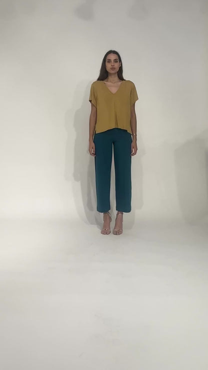 Teal Ponte Knit Straight Leg Pant: Cropped