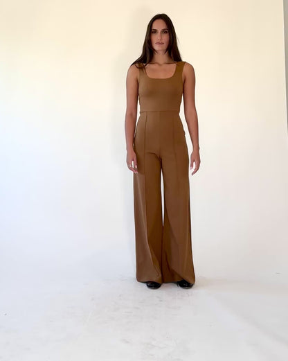 Camel Ponte Knit Tank Wide Leg Jumpsuit