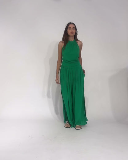 Kelly Green Linen Blend Tie Back Halter Top