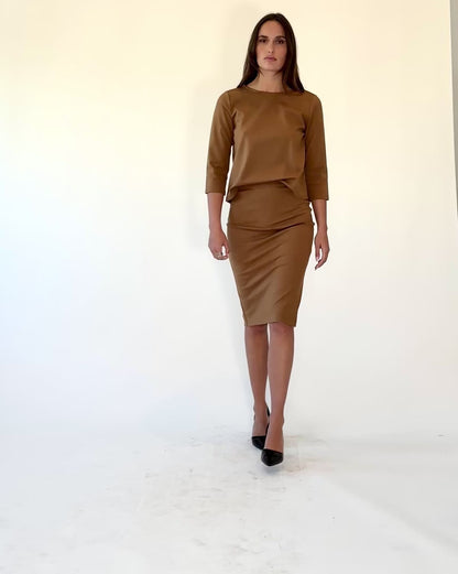 Camel Ponte Knit Pencil Skirt