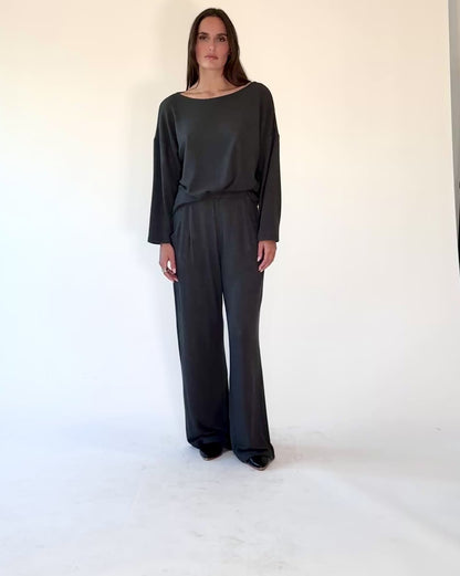 Charcoal Sweater Knit Boat Neck Top