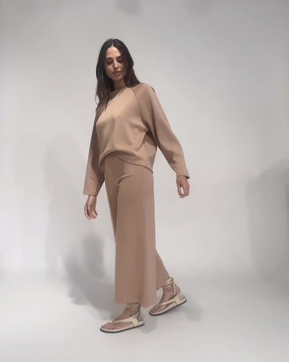 Tan Scuba Cropped Wide Leg Pant