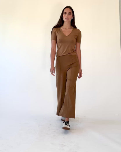 Camel Ponte Knit Wide Leg Pant: Cropped