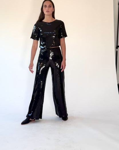 Black Sequin Wide Leg Pant
