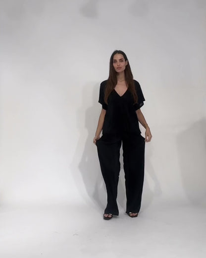 Black Micropleat Everyday V Neck