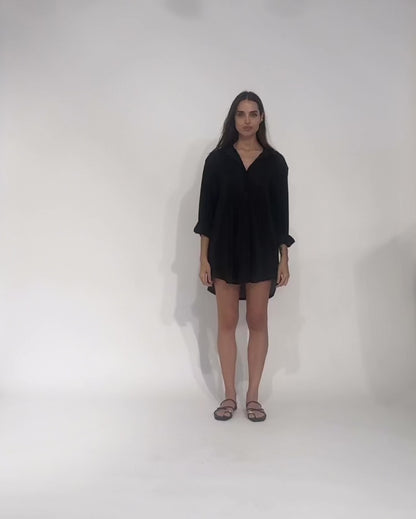 Black Micropleat Oversized Button Down