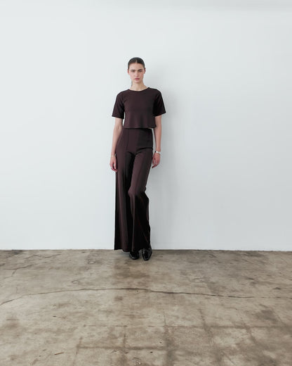 Chocolate Ponte Knit Long Wide Leg Pant