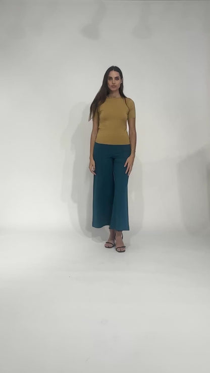 Teal Ponte Knit Wide Leg Pant: Cropped