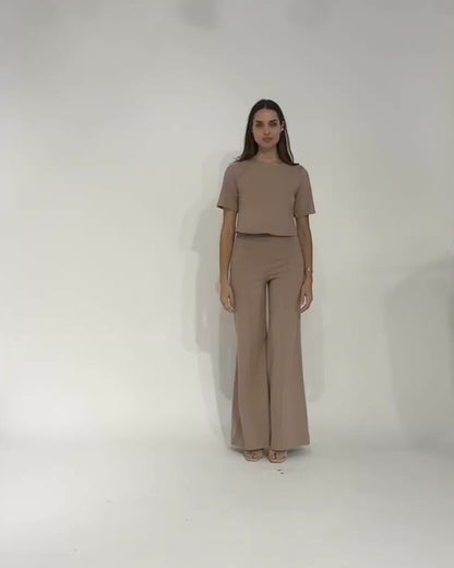 Khaki Ponte Knit Long Wide Leg Pant