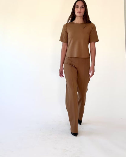 Camel Ponte Knit Short Sleeve Top Extended