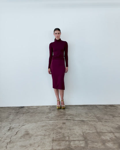 Wine Ponte Knit Pencil Skirt