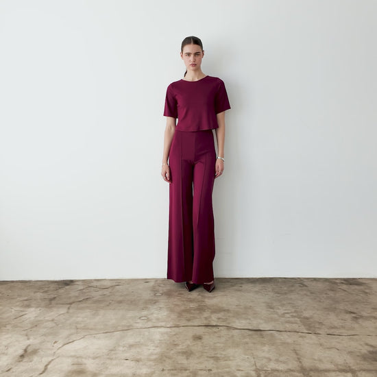 Wine Ponte Knit Long Wide Leg Pant