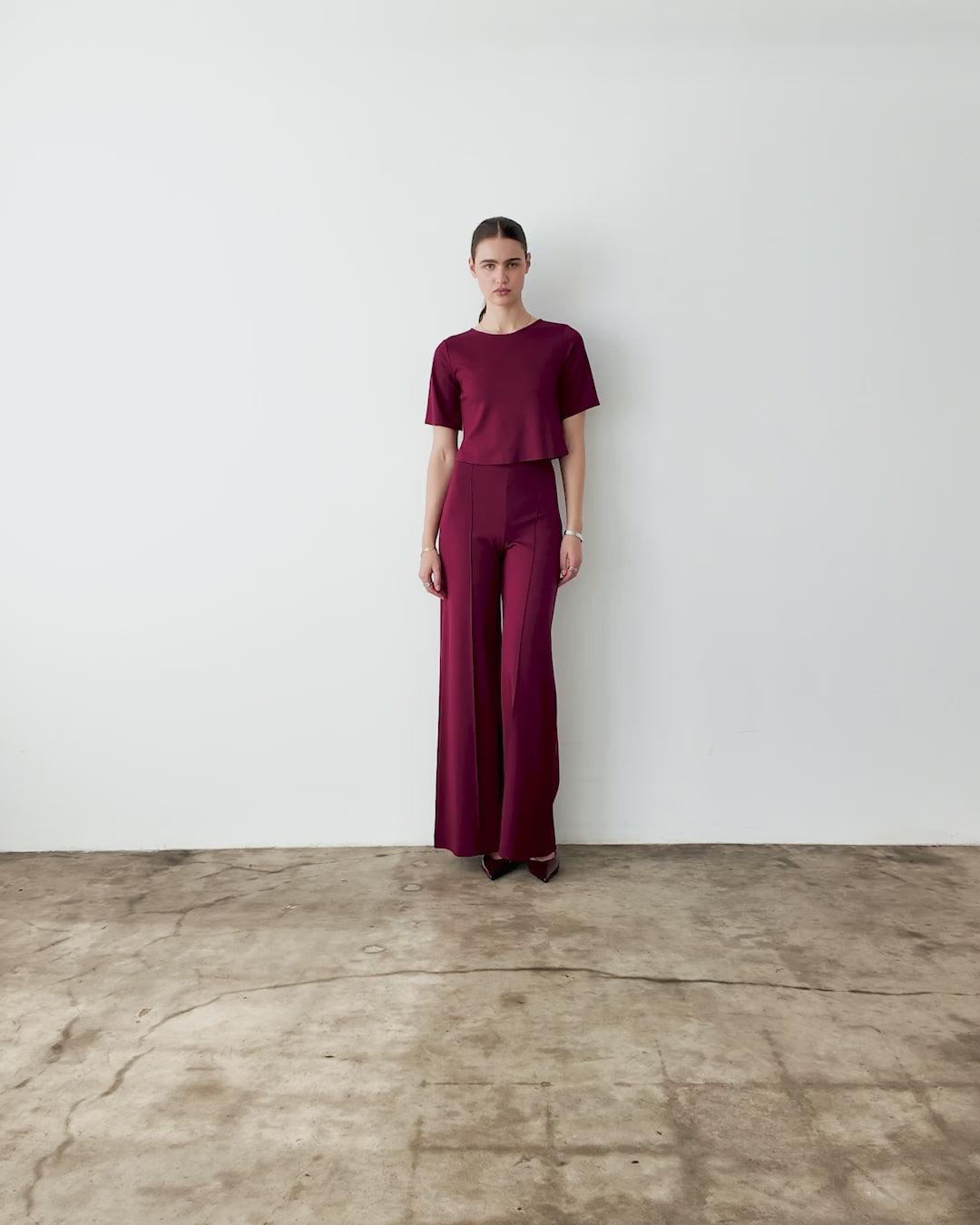 Wine Ponte Knit Long Wide Leg Pant