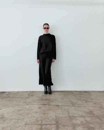 Black Sweater Knit Cropped Wide Leg Pant