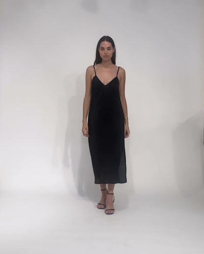 Black Micropleat Slip Dress