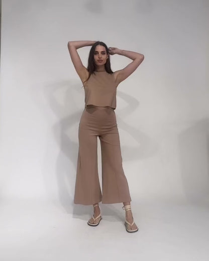 Khaki Ponte Knit Wide Leg Pant: Cropped