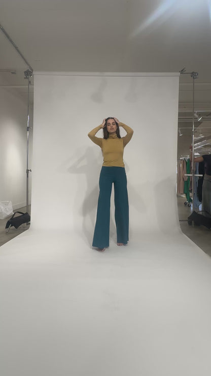 Teal Ponte Knit Long Wide Leg Pant