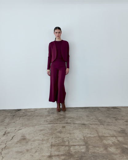 Wine Ponte Knit Cropped Wide Leg Pant