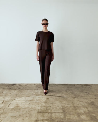 Chocolate Ponte Knit Long Straight Leg Pant