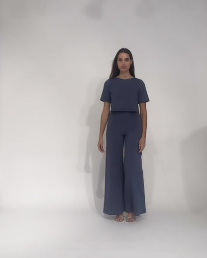 Sea Blue Ponte Knit Long Wide Leg Pant