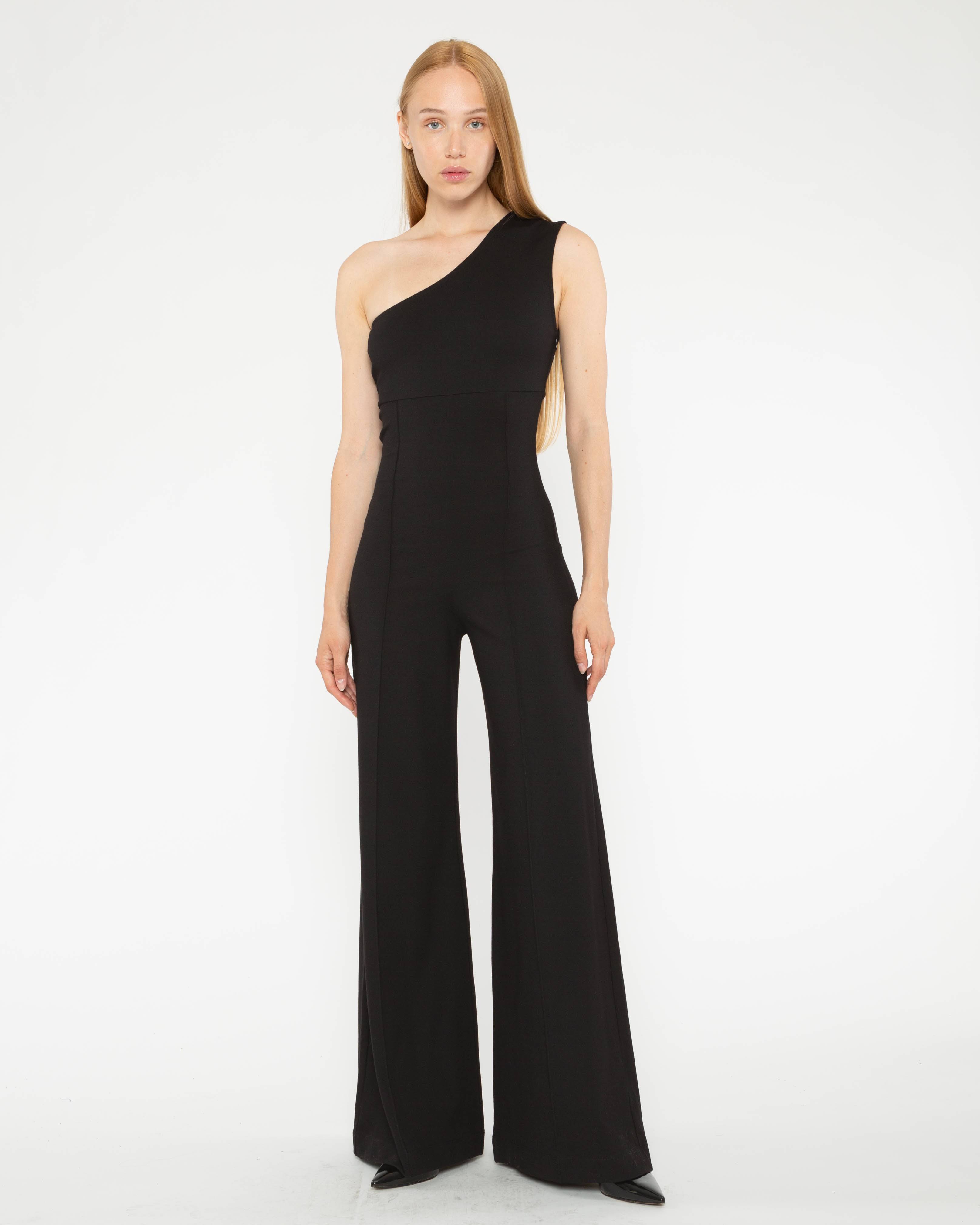 Black One Shoulder Ponte Knit Wide Leg Jumpsuit | Ripley Rader