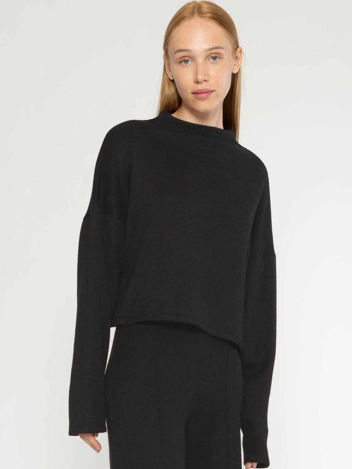 Black Sweater Knit Funnel Neck Top