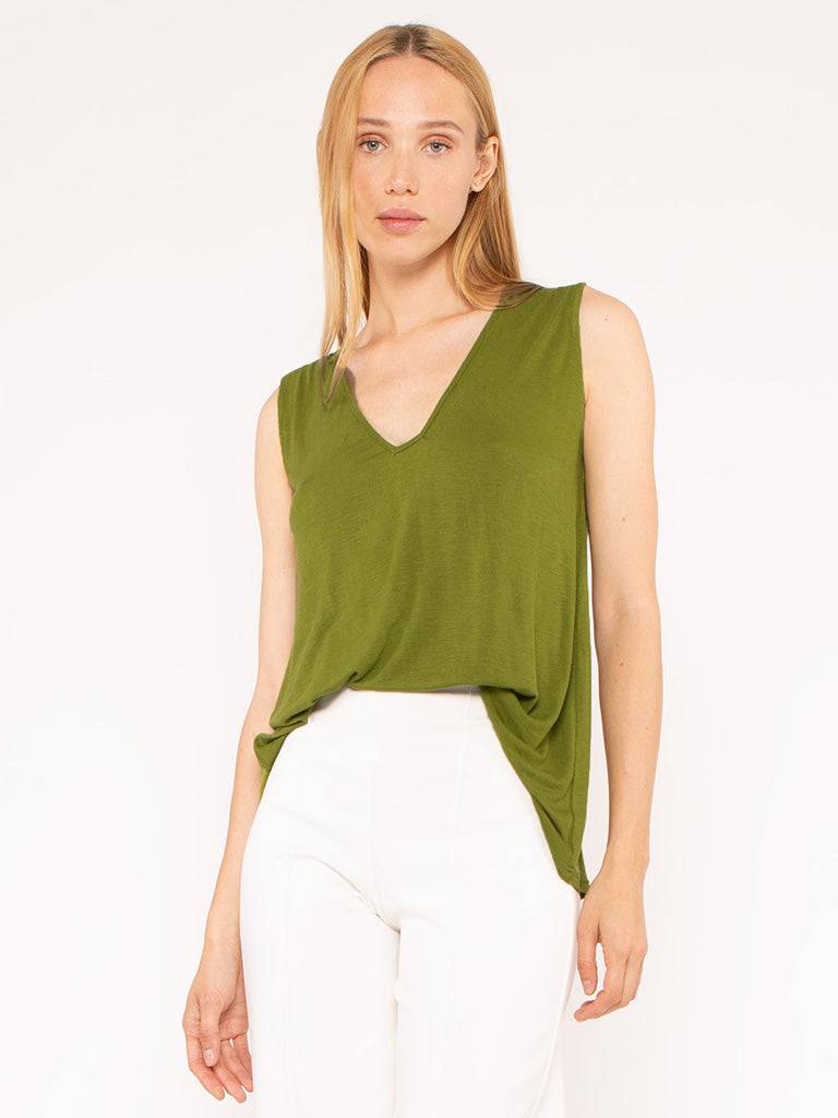 Olive Sweater Knit Plunge Relaxed Top