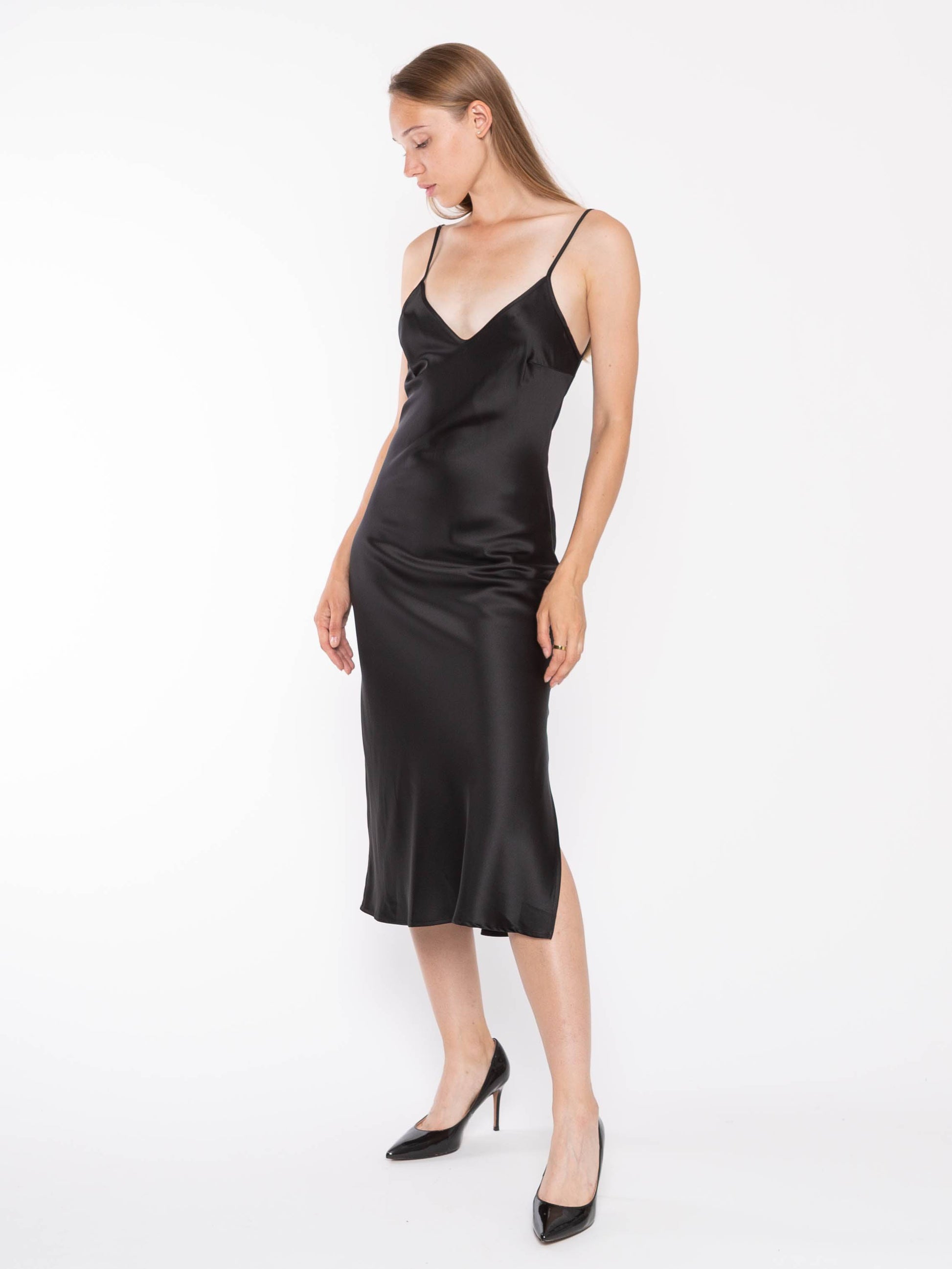 Black Slip Dress Thick Strap Ladies Black Lace-Trimmed Satin Camisole Top Size: S H&M Black Slip Dress Thick Strap Ladies Black Lace-Trimmed Satin Camisole Top Size: S H&M