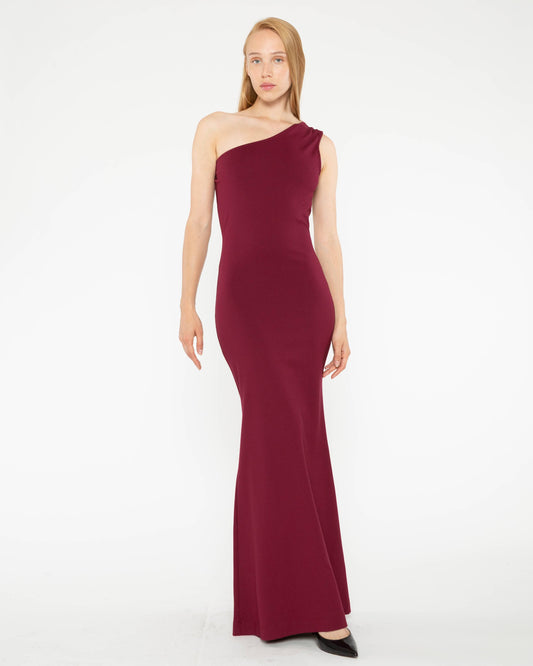 Wine Ponte Knit One Shoulder Gown