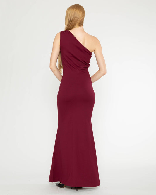 Wine Ponte Knit One Shoulder Gown
