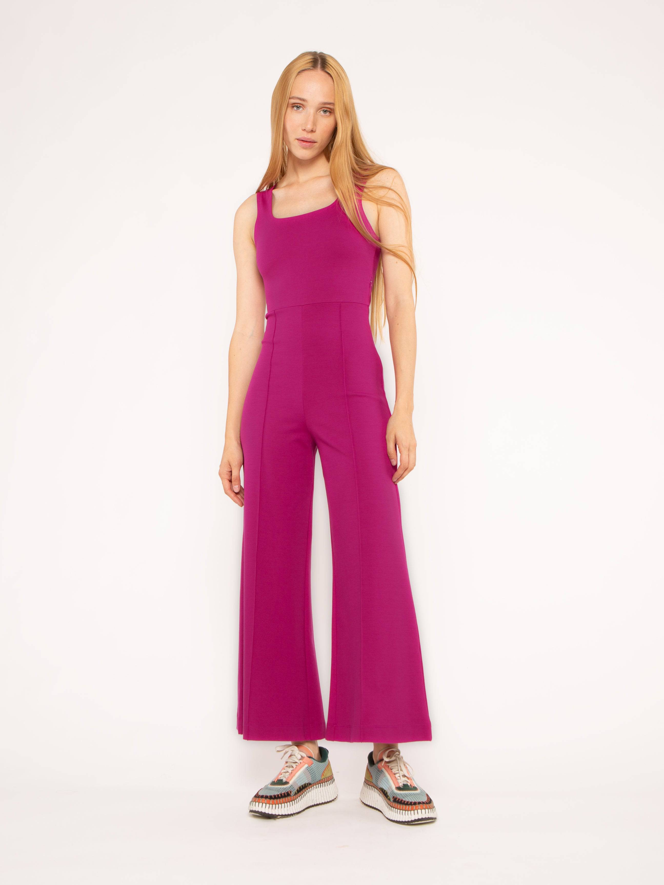 Fuchsia Ponte Knit Tank Wide Leg Jumpsuit: Cropped