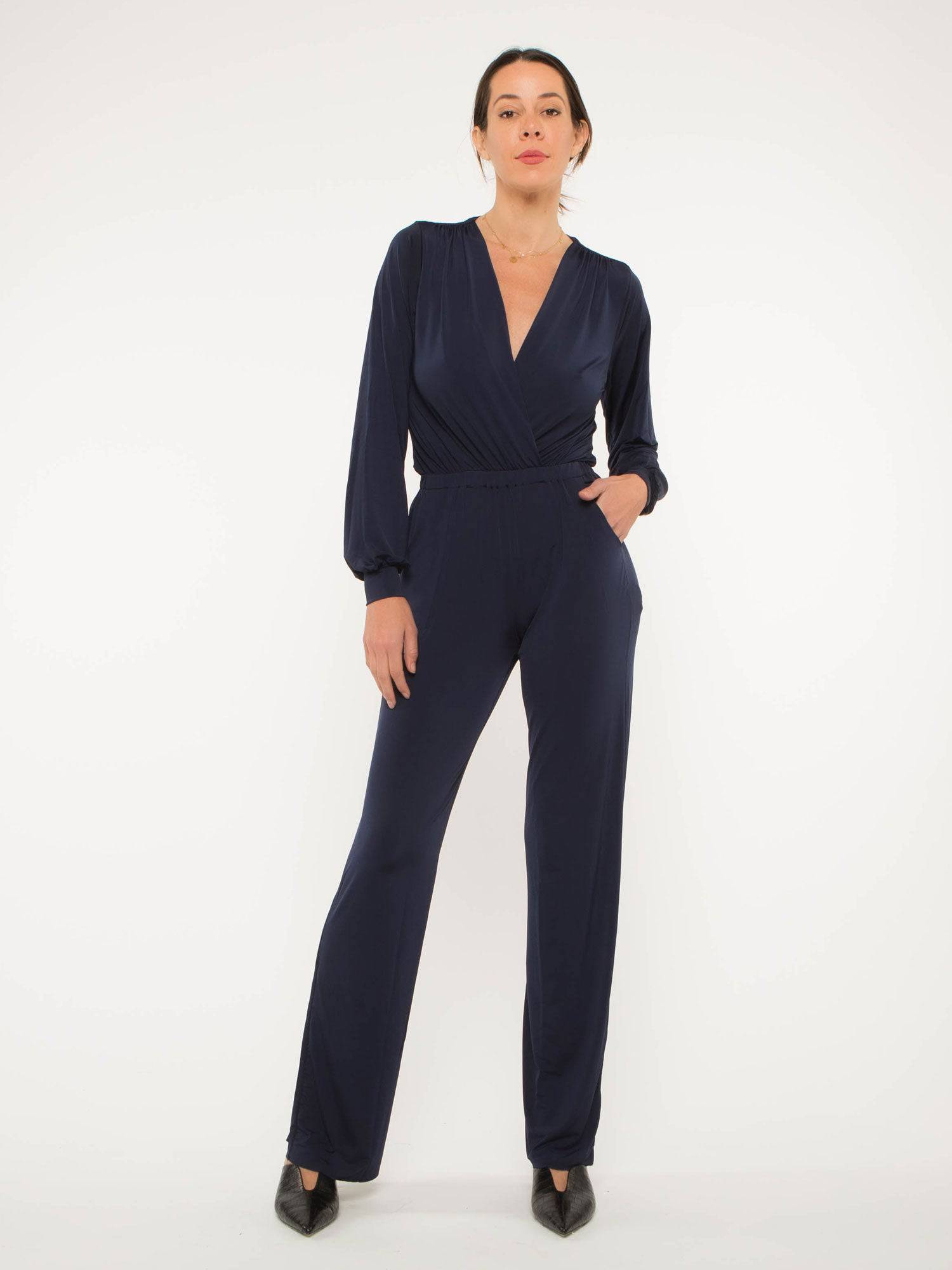 Navy jumpsuit long store sleeve