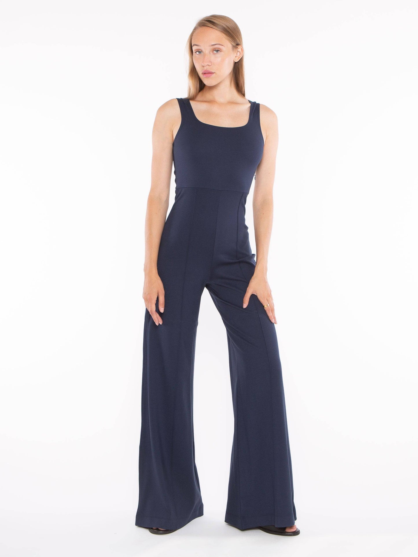 Navy Ponte Knit Tank Wide Leg Jumpsuit