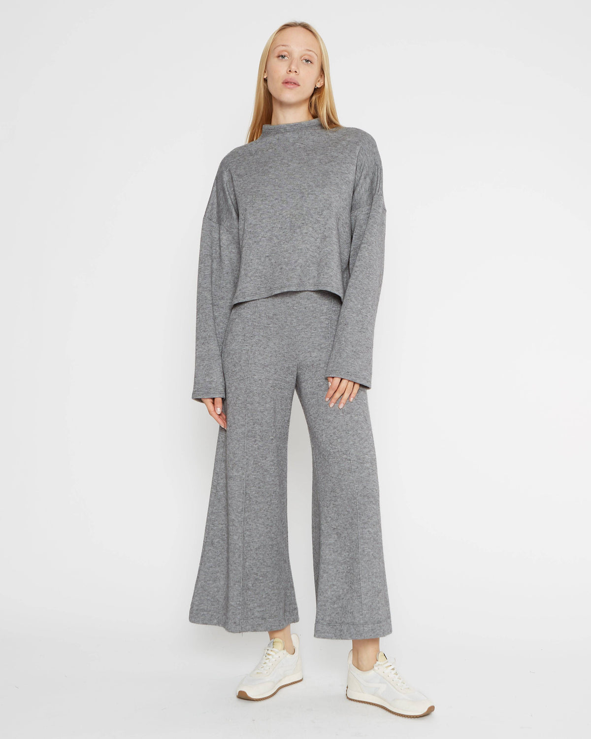 Heather Grey Sweater Knit Wide Leg Pant: Cropped