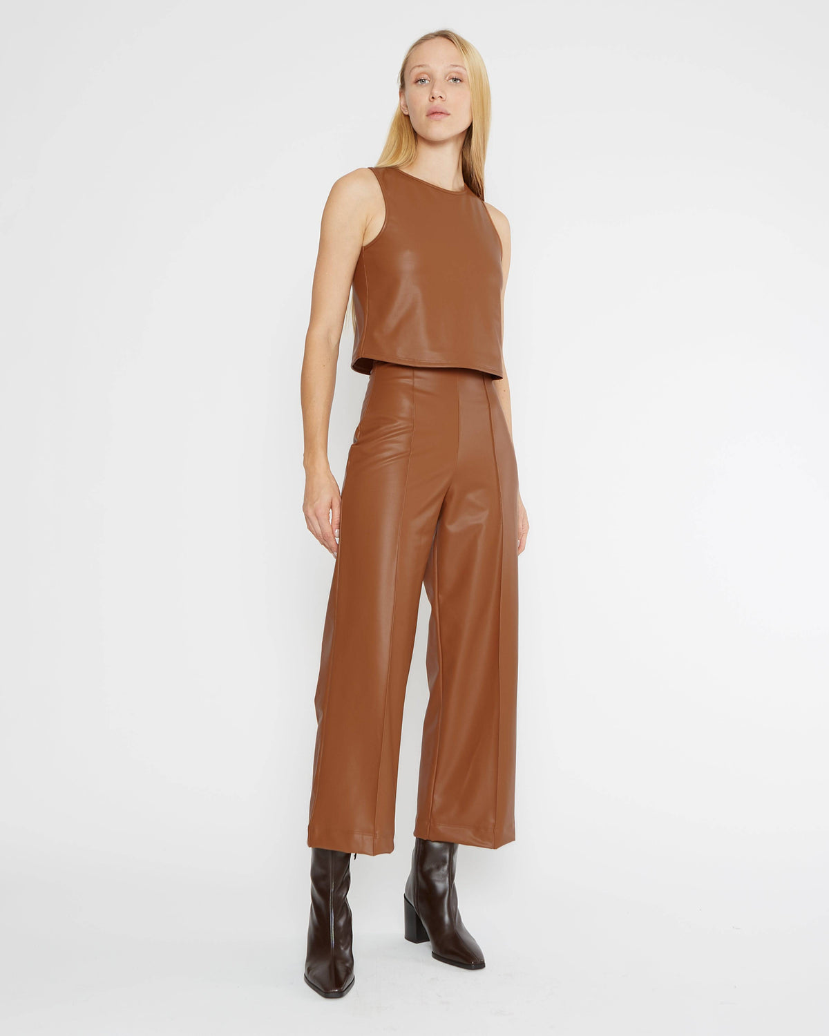 Camel Vegan Leather Straight Leg Pant: Cropped