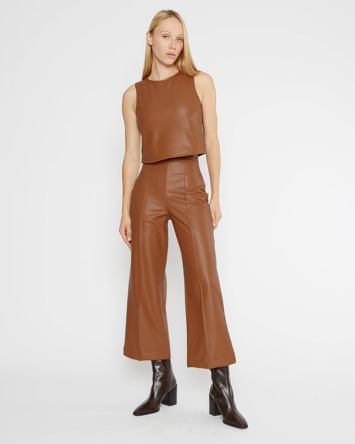 Camel Vegan Leather Straight Leg Pant: Cropped