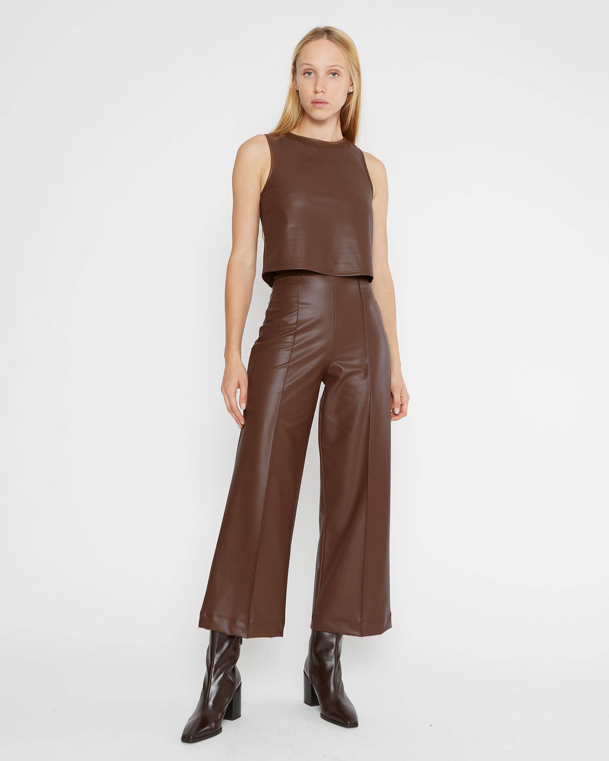 Chestnut Vegan Leather Straight Leg Pant: Cropped