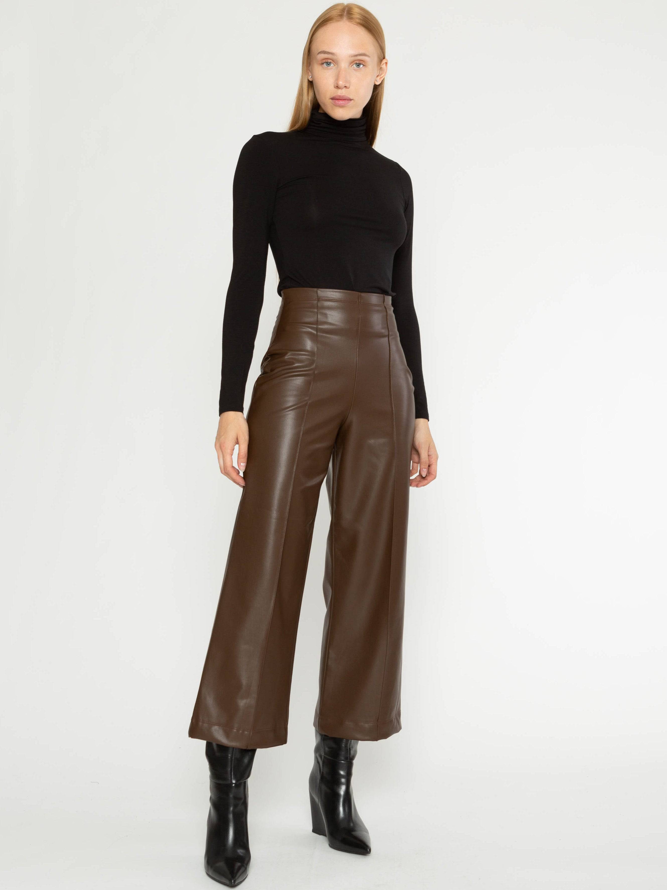 Gestuz FLARED PANTS - Leather trousers - bitter chocolate/brown -  Zalando.co.uk