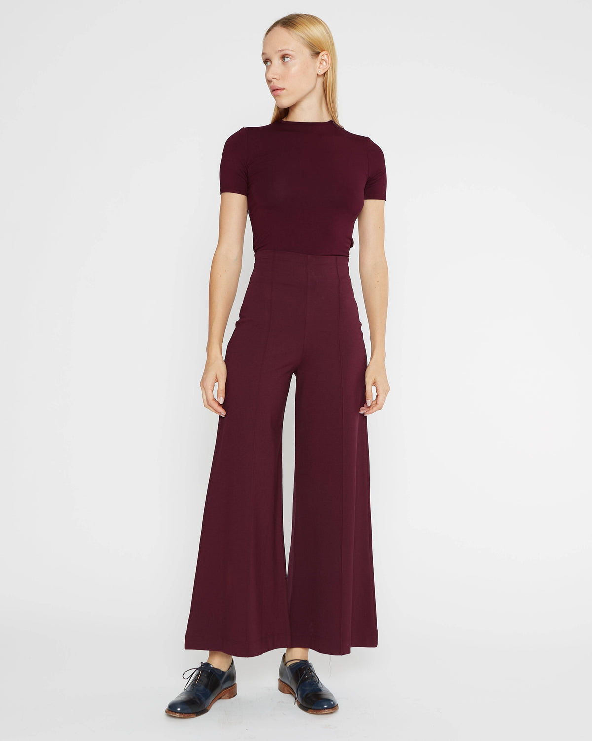 Elderberry Ponte Knit Wide Leg Pant: Cropped