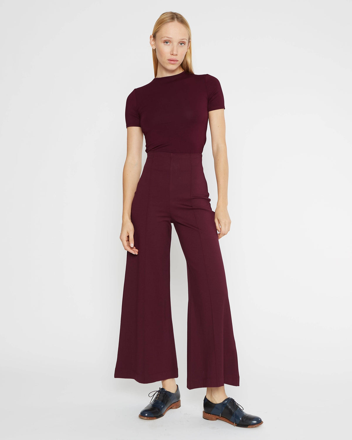 Elderberry Ponte Knit Wide Leg Pant: Cropped