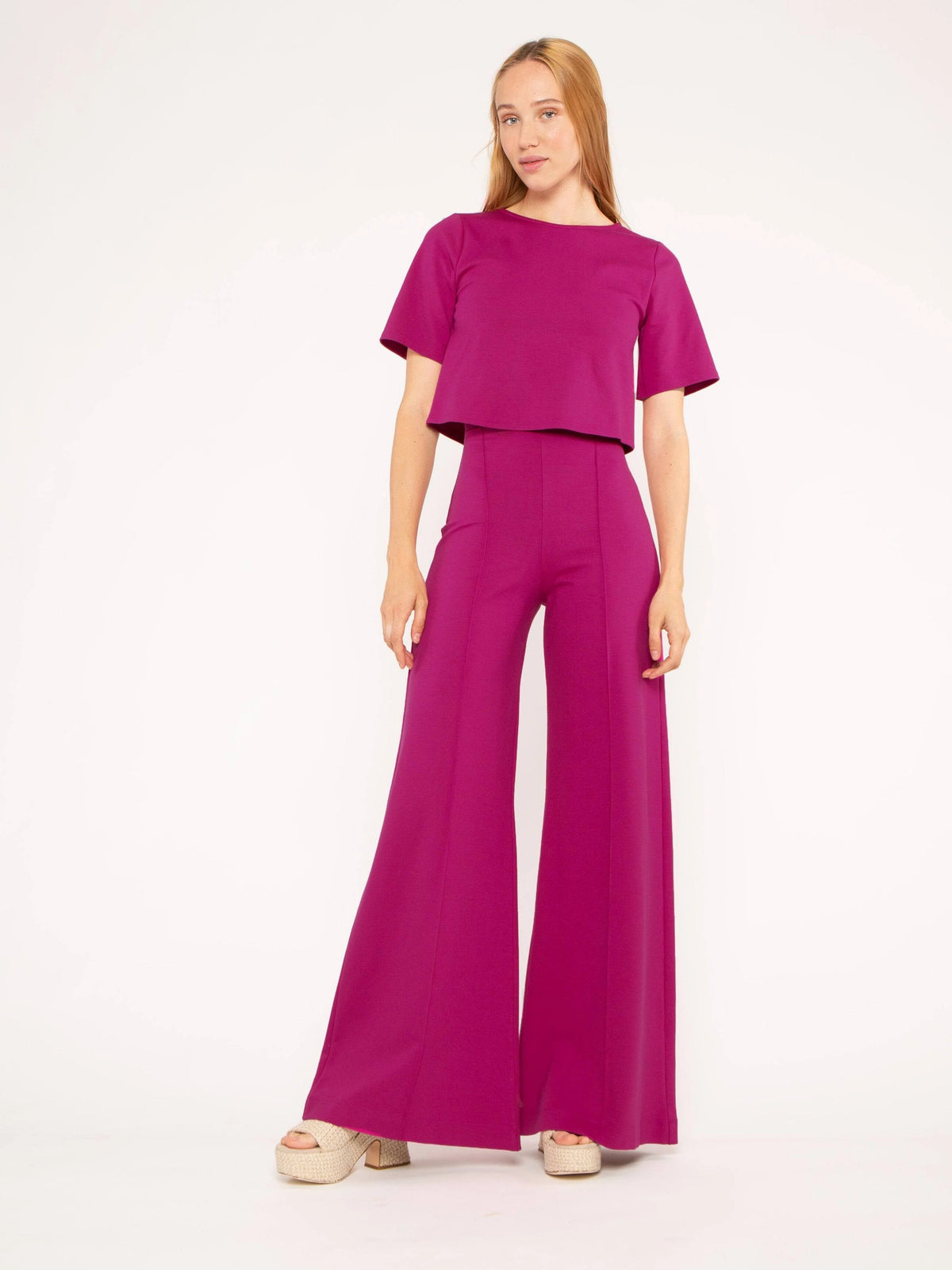 Fuchsia Ponte Knit Wide Leg Pant