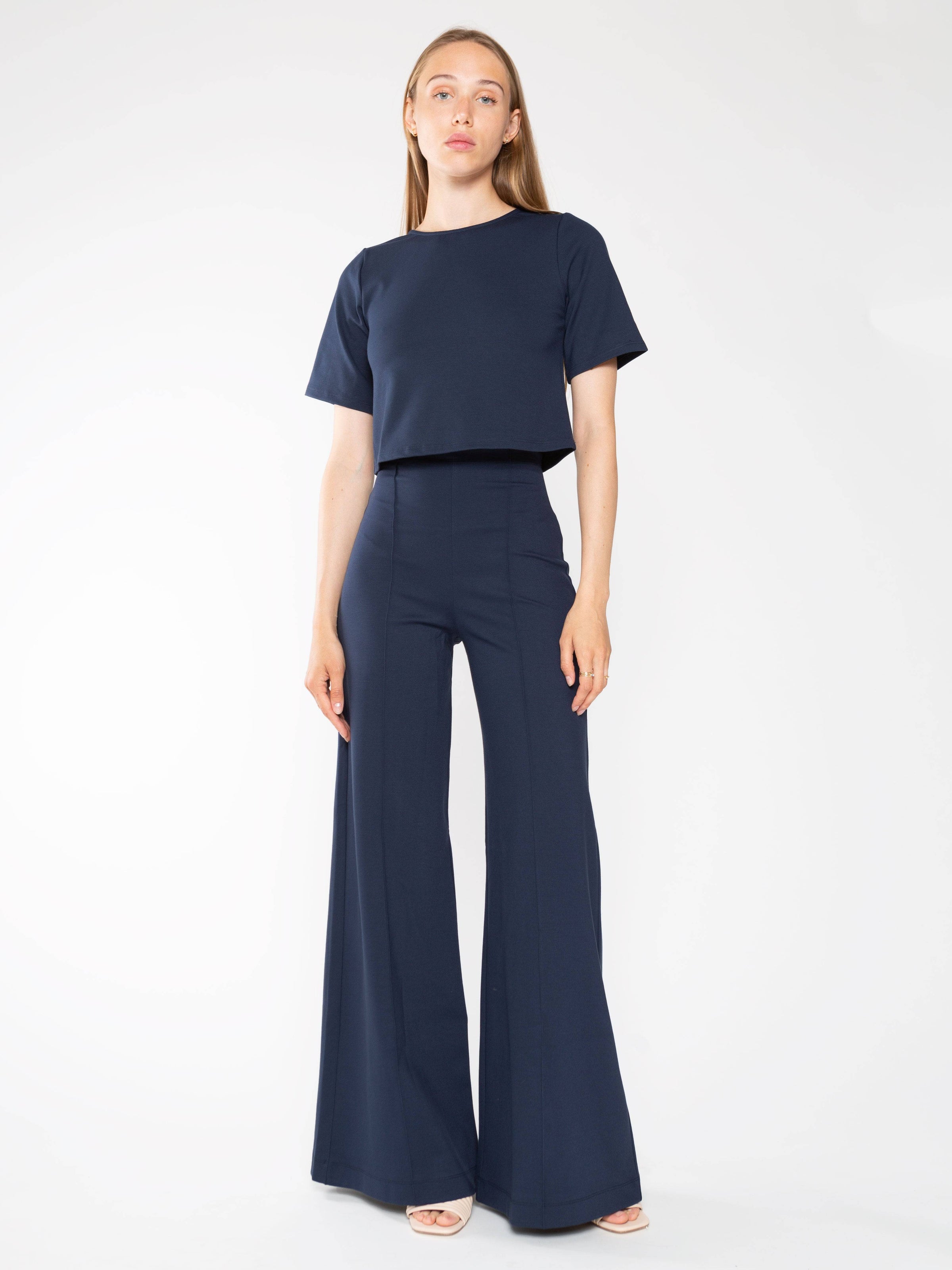 Navy Petite Wide Leg Stretch Trousers