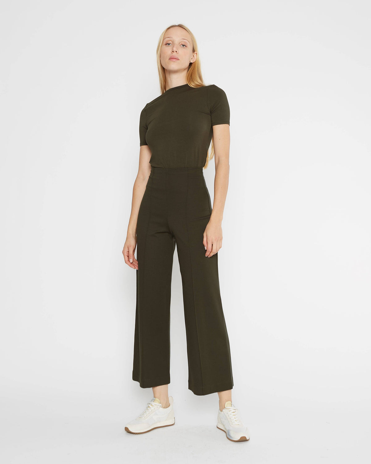 Olive Ponte Knit Straight Leg Pant: Cropped