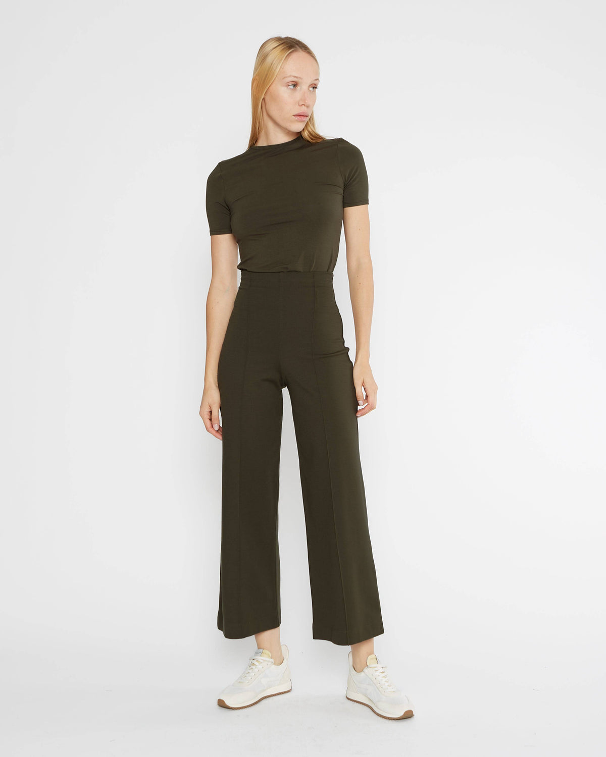 Olive Ponte Knit Straight Leg Pant: Cropped