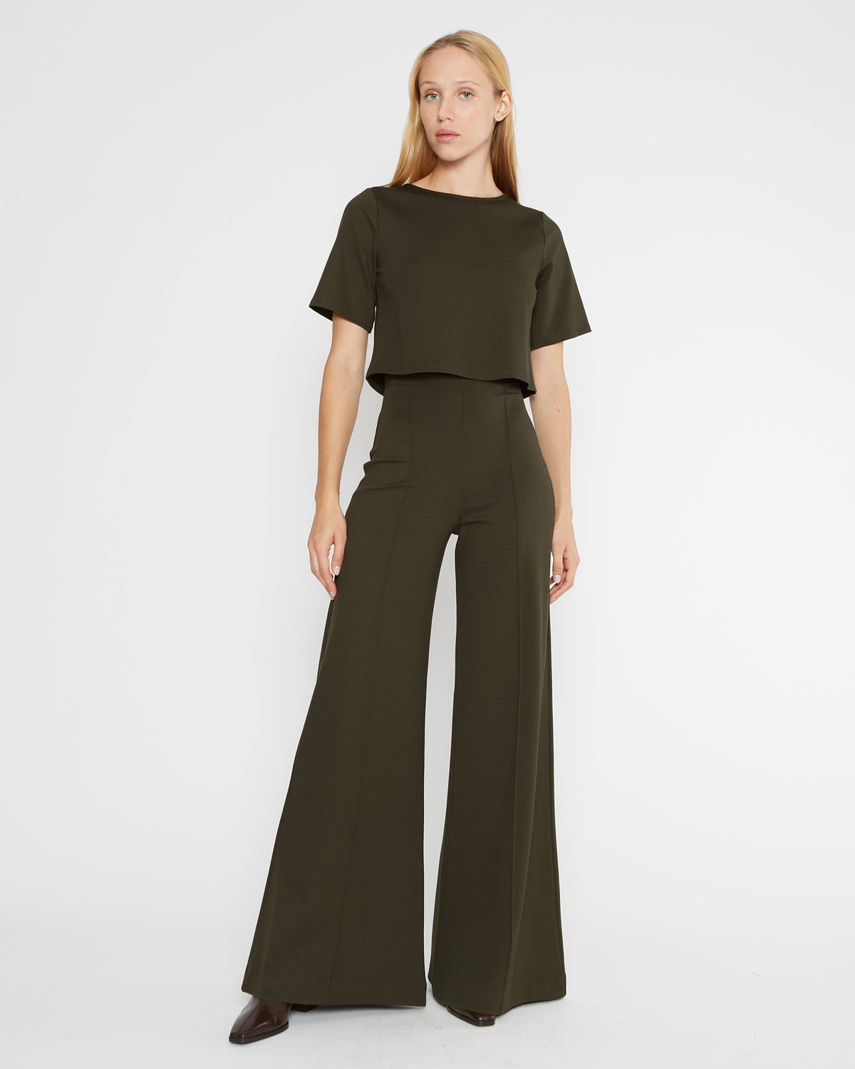 Olive Ponte Knit Wide Leg Pant