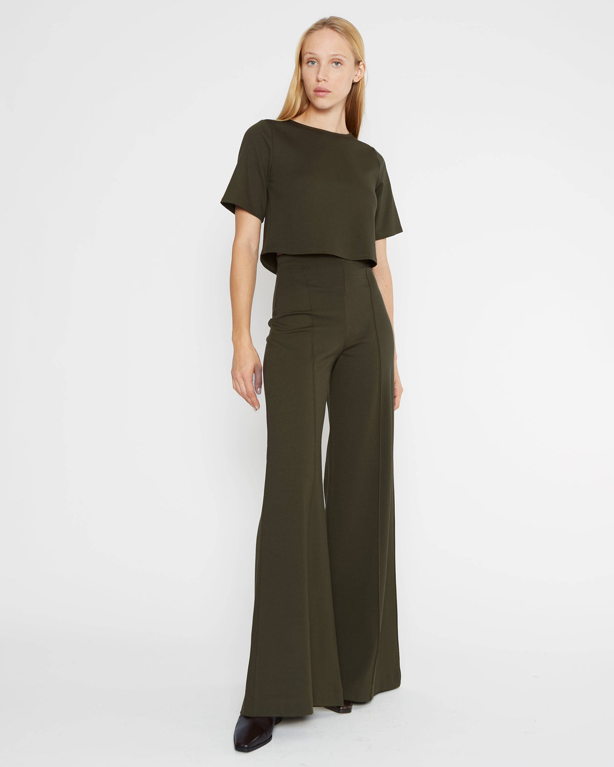 Olive Ponte Knit Wide Leg Pant